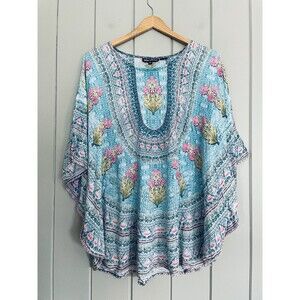 Tolani Collection Top MP Medium Turquoise St. Tropez Print Woven Caftan Tunic